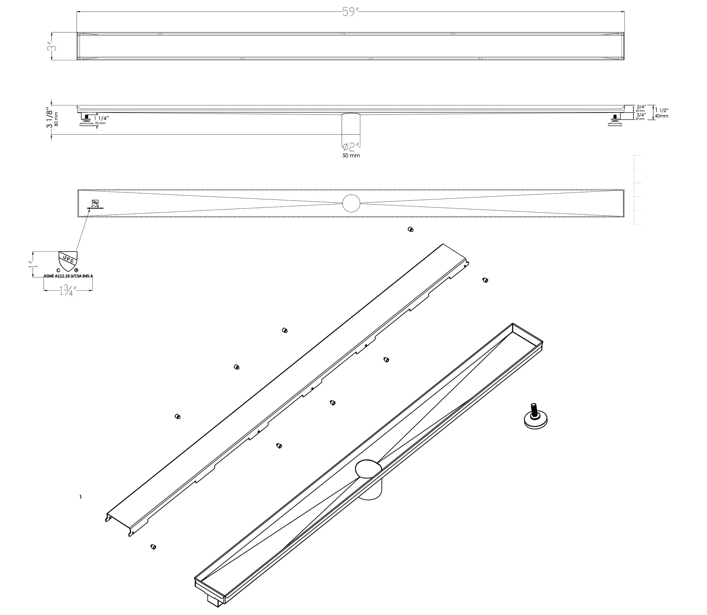 ALFI Brand - 59" Brushed Stainless Steel Linear Shower Drain with Solid Cover | ABLD59B-BSS ALFI Brand - 59" Brushed Stainless Steel Linear Shower Drain with Solid Cover | ABLD59B-BSS