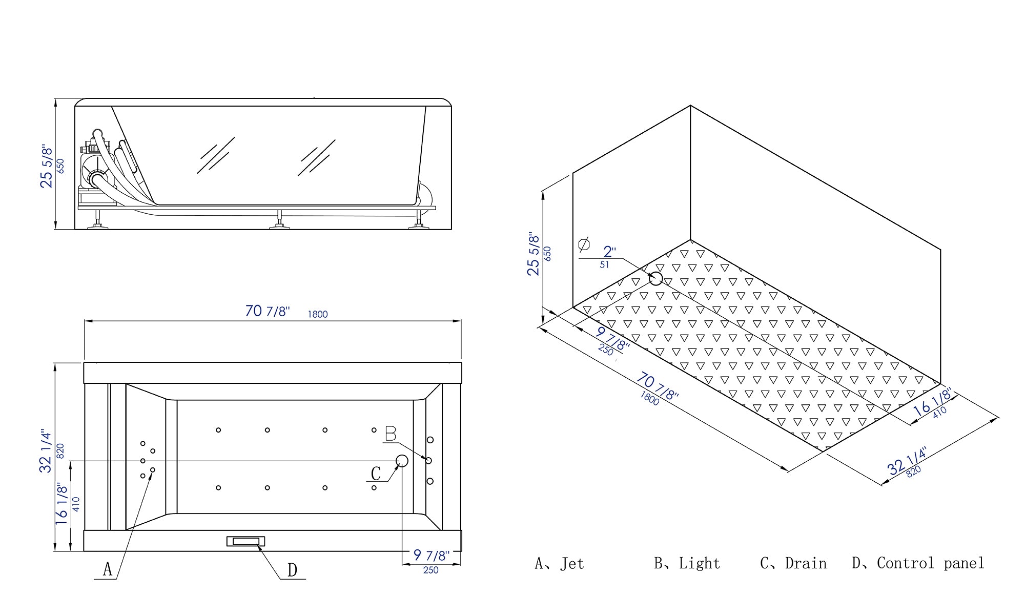 EAGO - 6 ft Clear Rectangular Acrylic Whirlpool Bathtub | AM152ETL-6 EAGO - 6 ft Clear Rectangular Acrylic Whirlpool Bathtub | AM152ETL-6