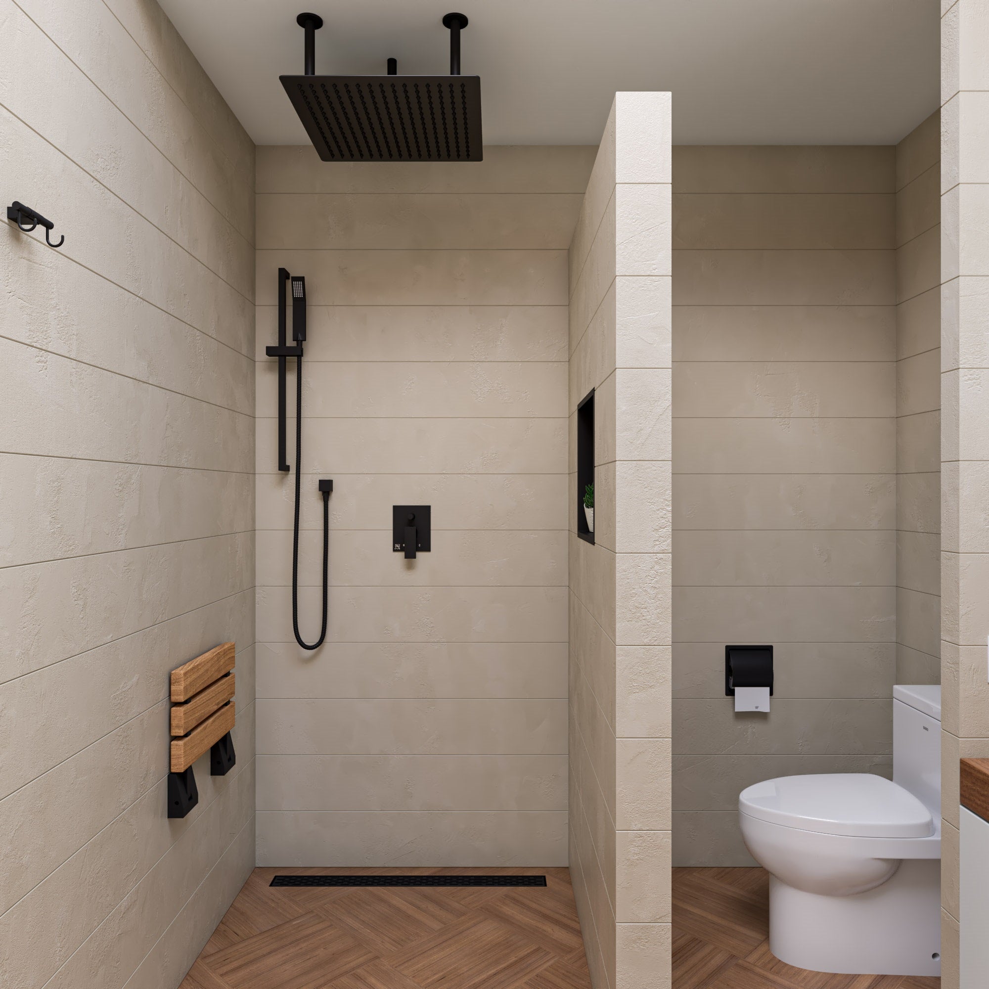 ALFI Brand - Black Matte 16" Wide Foldable Teak Shower Seat with Square Hardware | ABS16S-BM ALFI Brand - Black Matte 16" Wide Foldable Teak Shower Seat with Square Hardware | ABS16S-BM
