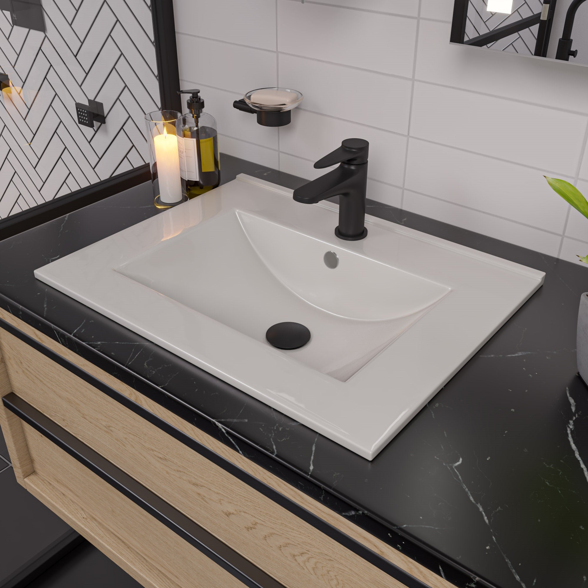 ALFI Brand - White 25" Rectangular Drop In Ceramic Sink with Faucet Hole | ABC803 ALFI Brand - White 25" Rectangular Drop In Ceramic Sink with Faucet Hole | ABC803