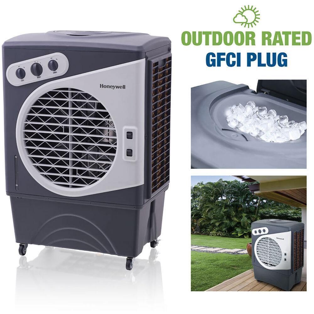 Honeywell Honeywell 1540 CFM Indoor/Outdoor Evaporative Air Cooler (Swamp Cooler) with Mechanical Controls in Gray/White Honeywell Honeywell 1540 CFM Indoor/Outdoor Evaporative Air Cooler (Swamp Cooler) with Mechanical Controls in Gray/White