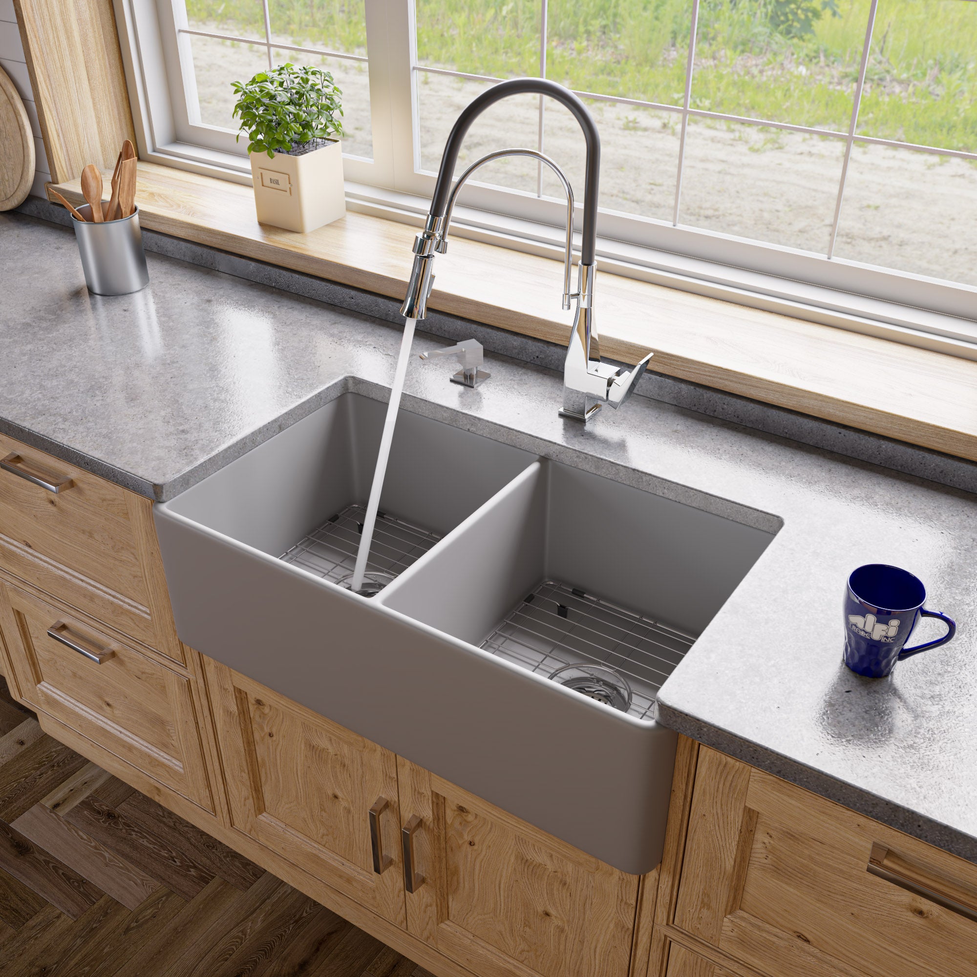 ALFI Brand - Gray Matte Smooth Apron 33" x 18" Double Bowl Fireclay Farm Sink | ABF3318D-GM ALFI Brand - Gray Matte Smooth Apron 33" x 18" Double Bowl Fireclay Farm Sink | ABF3318D-GM