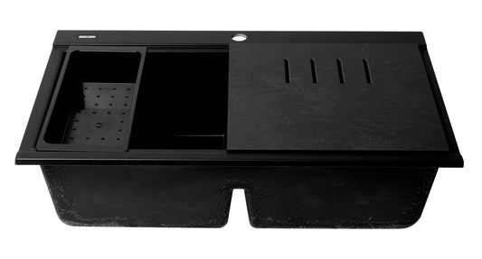 ALFI brand - Black 33" Granite Composite Workstation Step Rim Double Bowl Drop In Sink with Accessories - AB3418DBDI-BLA