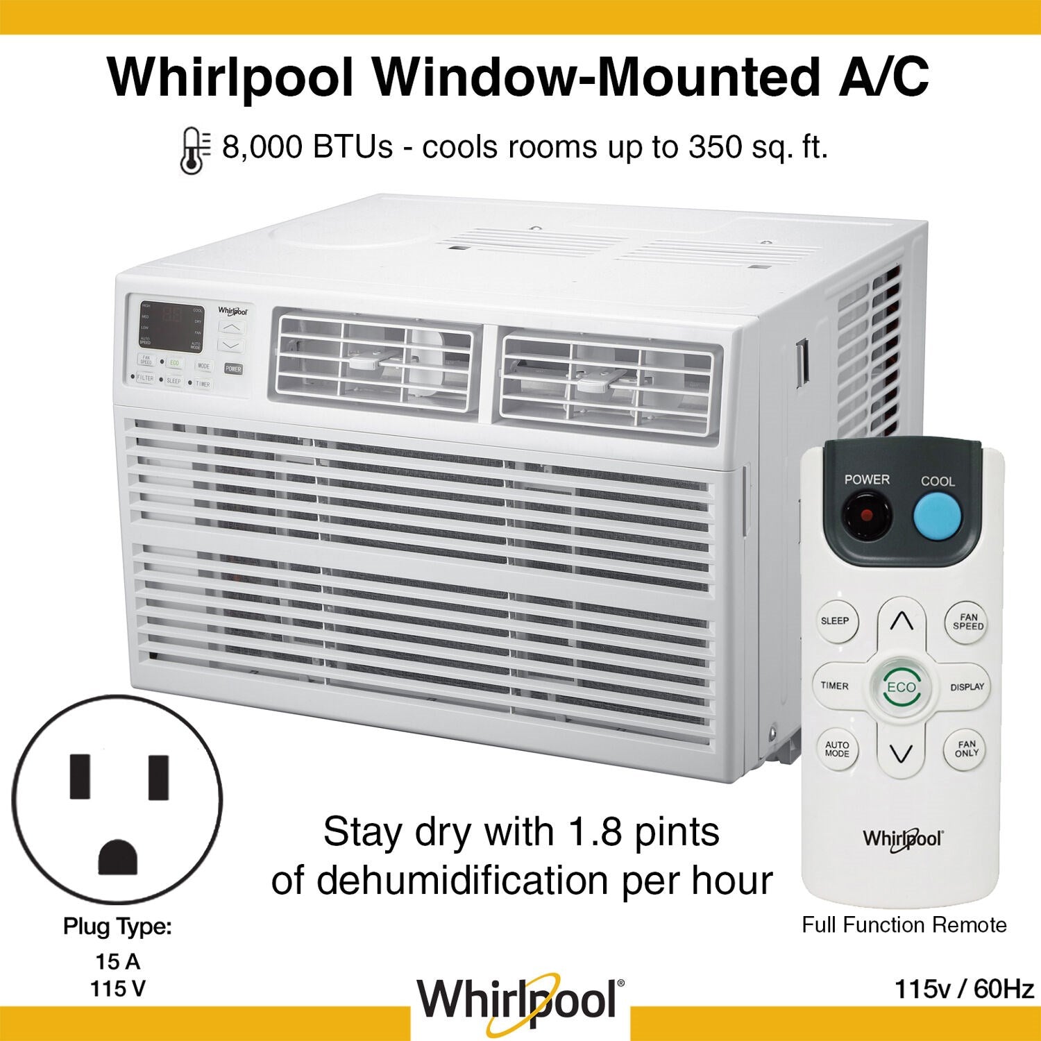 Whirlpool - 8,000 BTU Window AC with Electronic Controls | WHAW081BW Whirlpool - 8,000 BTU Window AC with Electronic Controls | WHAW081BW