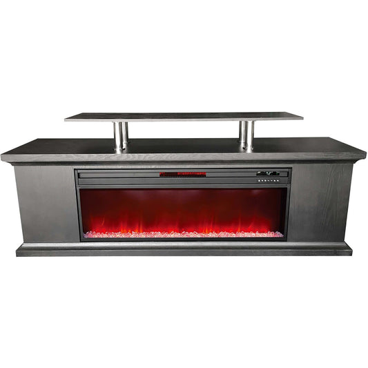 LifeSmart - 72 inch Media Fireplace with faux glass beads Black - TV shelf | LDFP0009US-BLK