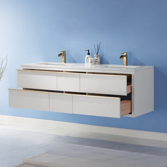 Altair - Morgan 60" Double Bathroom Vanity Set in White and Composite Carrara White Stone Countertop with Mirror | 534060-WH-AW