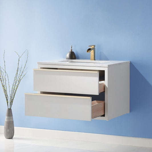 Altair - Morgan 30" Single Bathroom Vanity Set in White and Composite Carrara White Stone Countertop with Mirror | 534030-WH-AW
