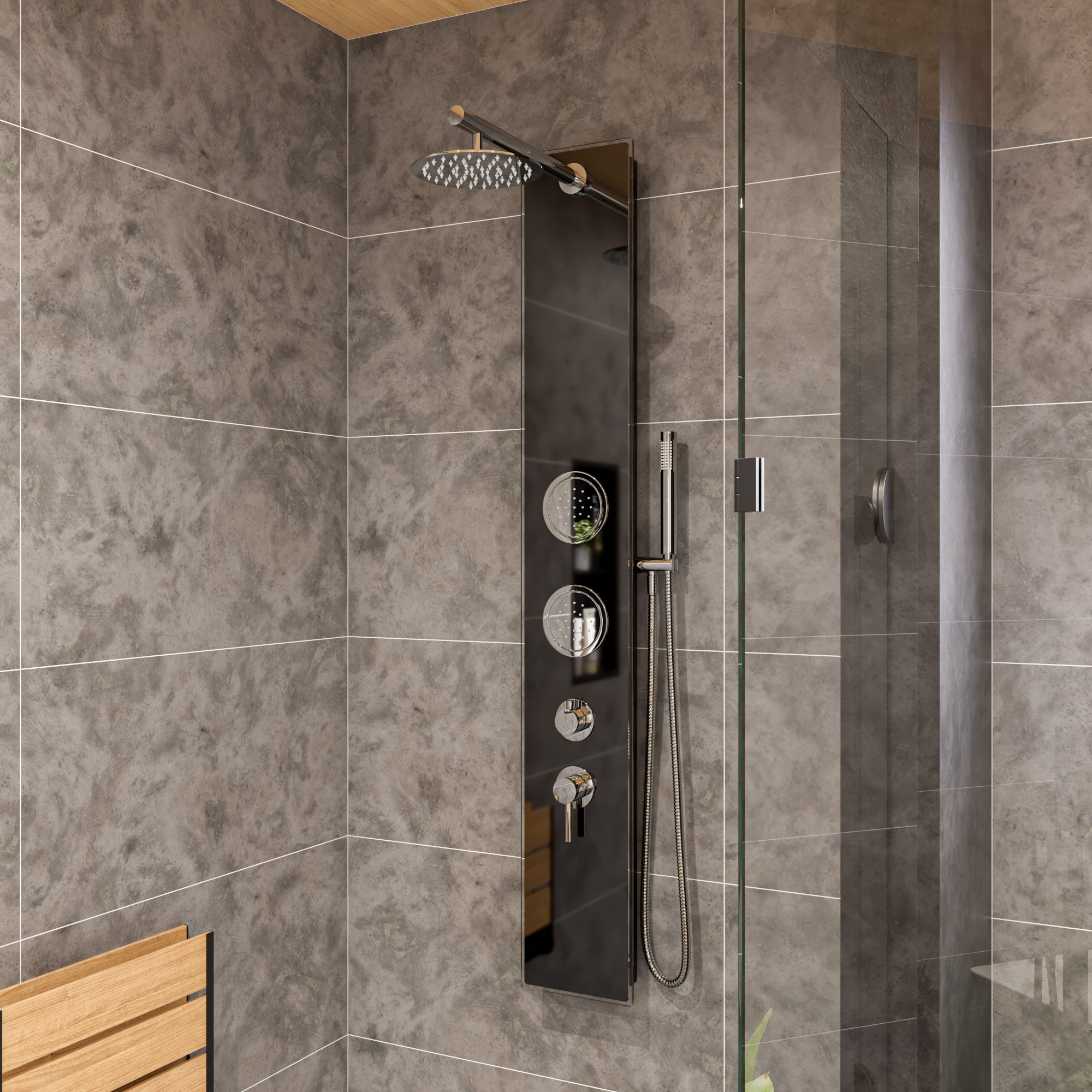 ALFI Brand - Black Glass Shower Panel with 2 Body Sprays and Rain Shower Head | ABSP55B ALFI Brand - Black Glass Shower Panel with 2 Body Sprays and Rain Shower Head | ABSP55B