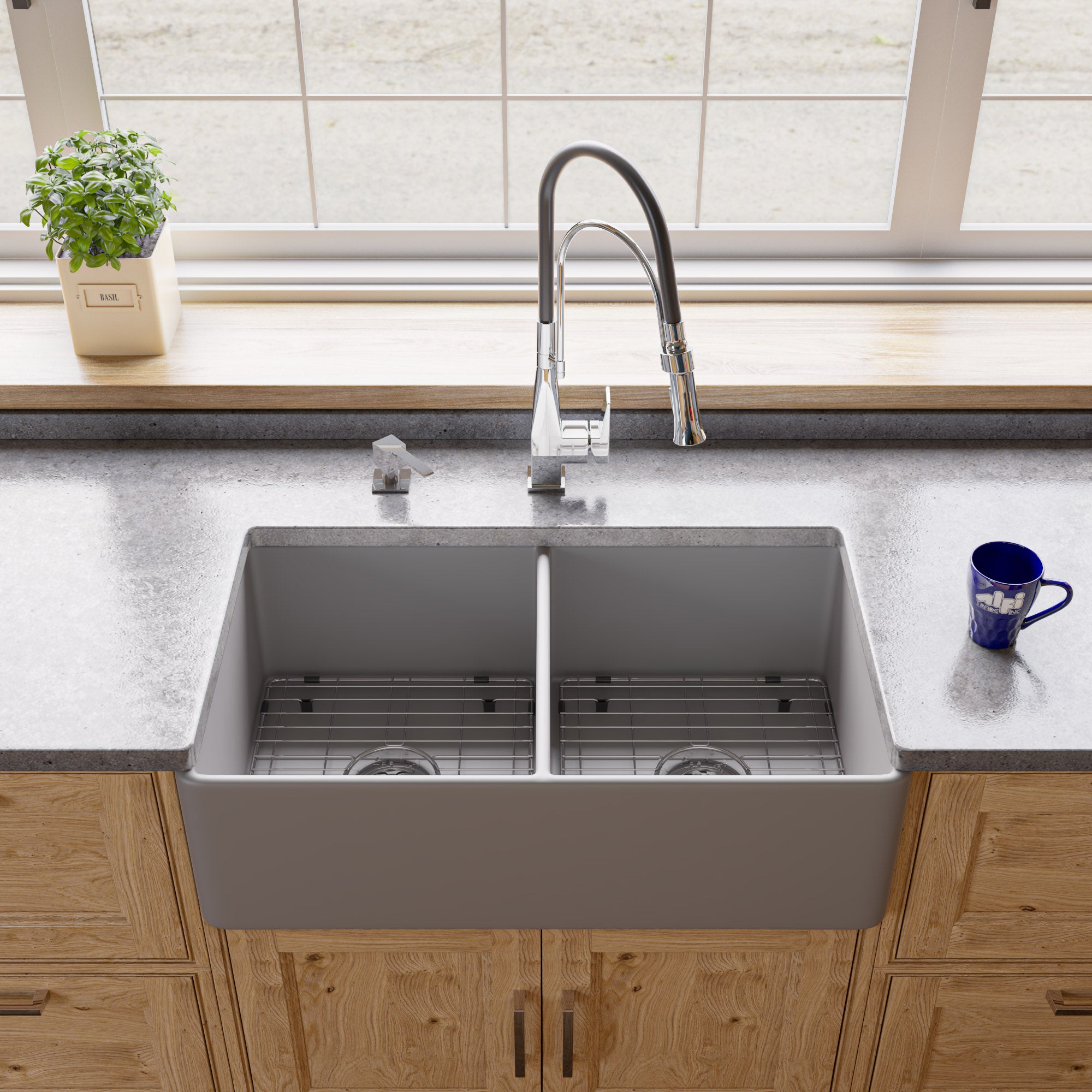 ALFI Brand - Gray Matte Smooth Apron 33" x 18" Double Bowl Fireclay Farm Sink | ABF3318D-GM ALFI Brand - Gray Matte Smooth Apron 33" x 18" Double Bowl Fireclay Farm Sink | ABF3318D-GM