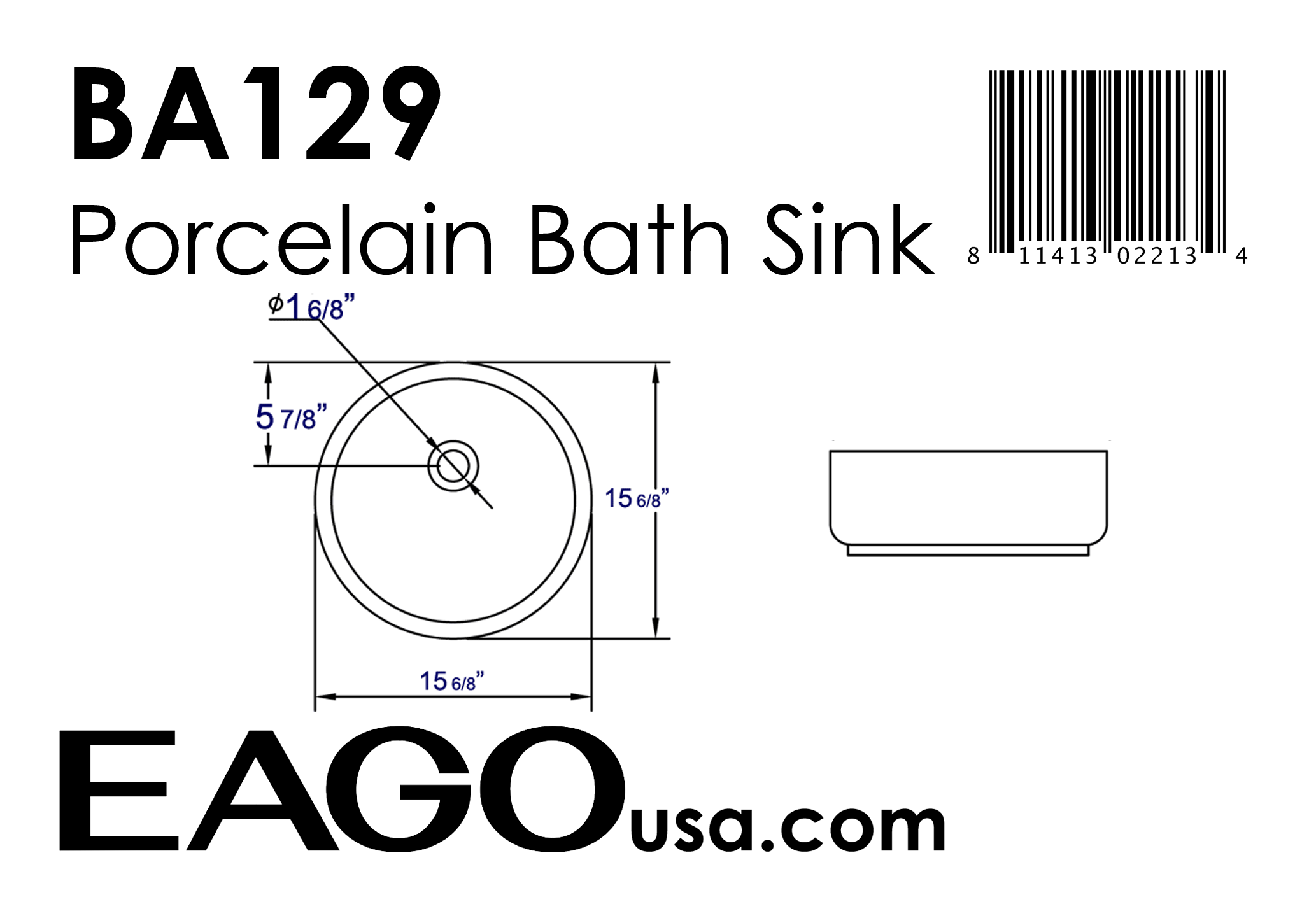 EAGO - 16" ROUND CERAMIC ABOVE MOUNT BATHROOM BASIN VESSEL SINK | BA129 EAGO - 16" ROUND CERAMIC ABOVE MOUNT BATHROOM BASIN VESSEL SINK | BA129