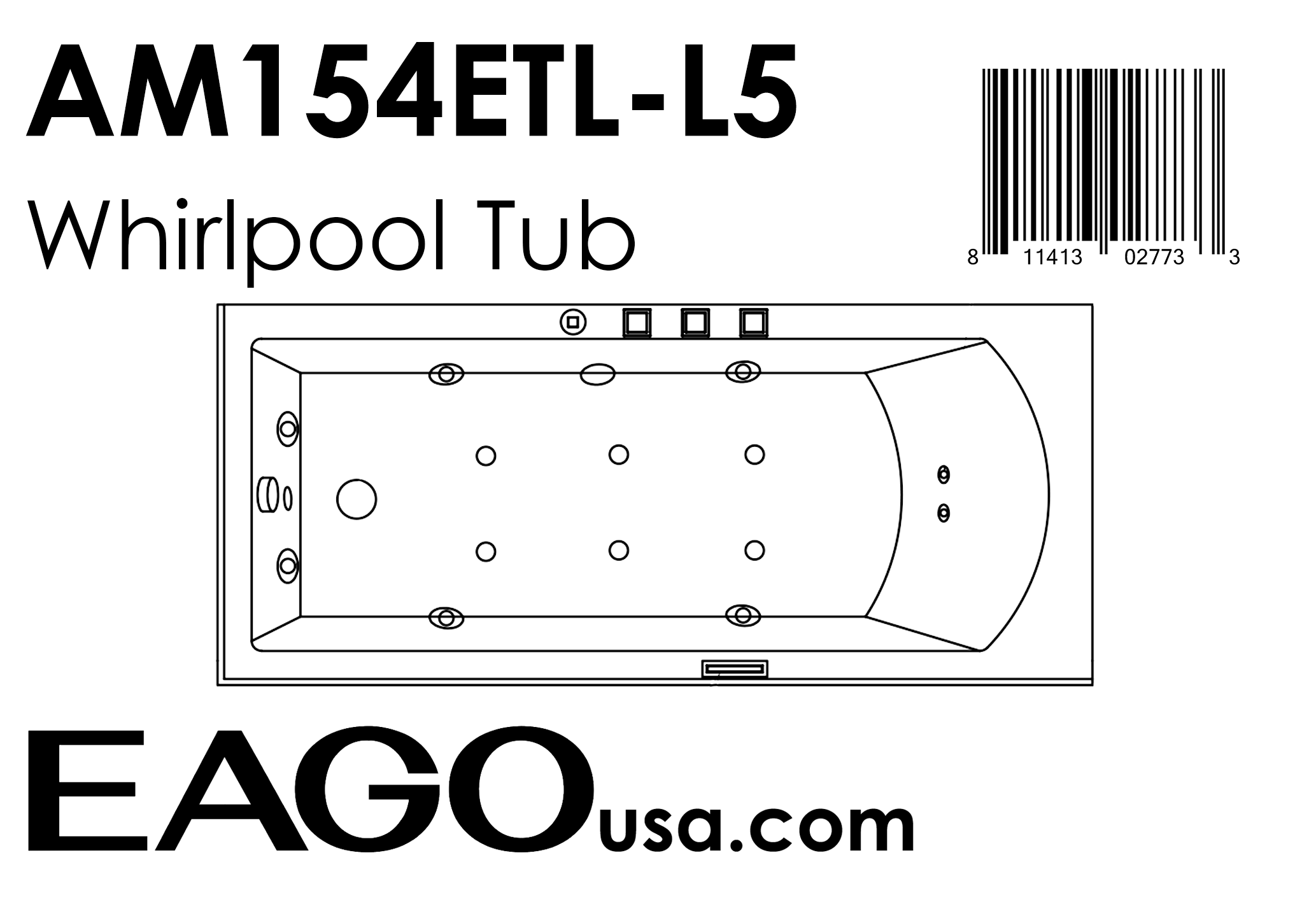 EAGO - 5 ft Acrylic White Rectangular Whirlpool Bathtub w Fixtures | AM154ETL-L5 EAGO - 5 ft Acrylic White Rectangular Whirlpool Bathtub w Fixtures | AM154ETL-L5