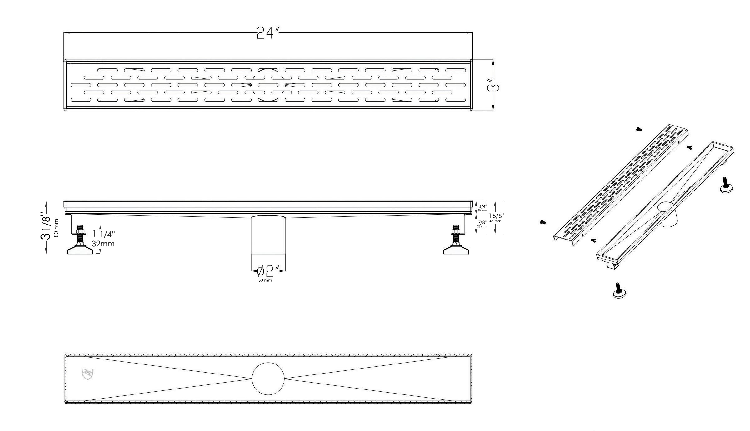 ALFI Brand - 24" Long Modern Stainless Steel Linear Shower Drain with Groove Holes | ABLD24C-BSS ALFI Brand - 24" Long Modern Stainless Steel Linear Shower Drain with Groove Holes | ABLD24C-BSS
