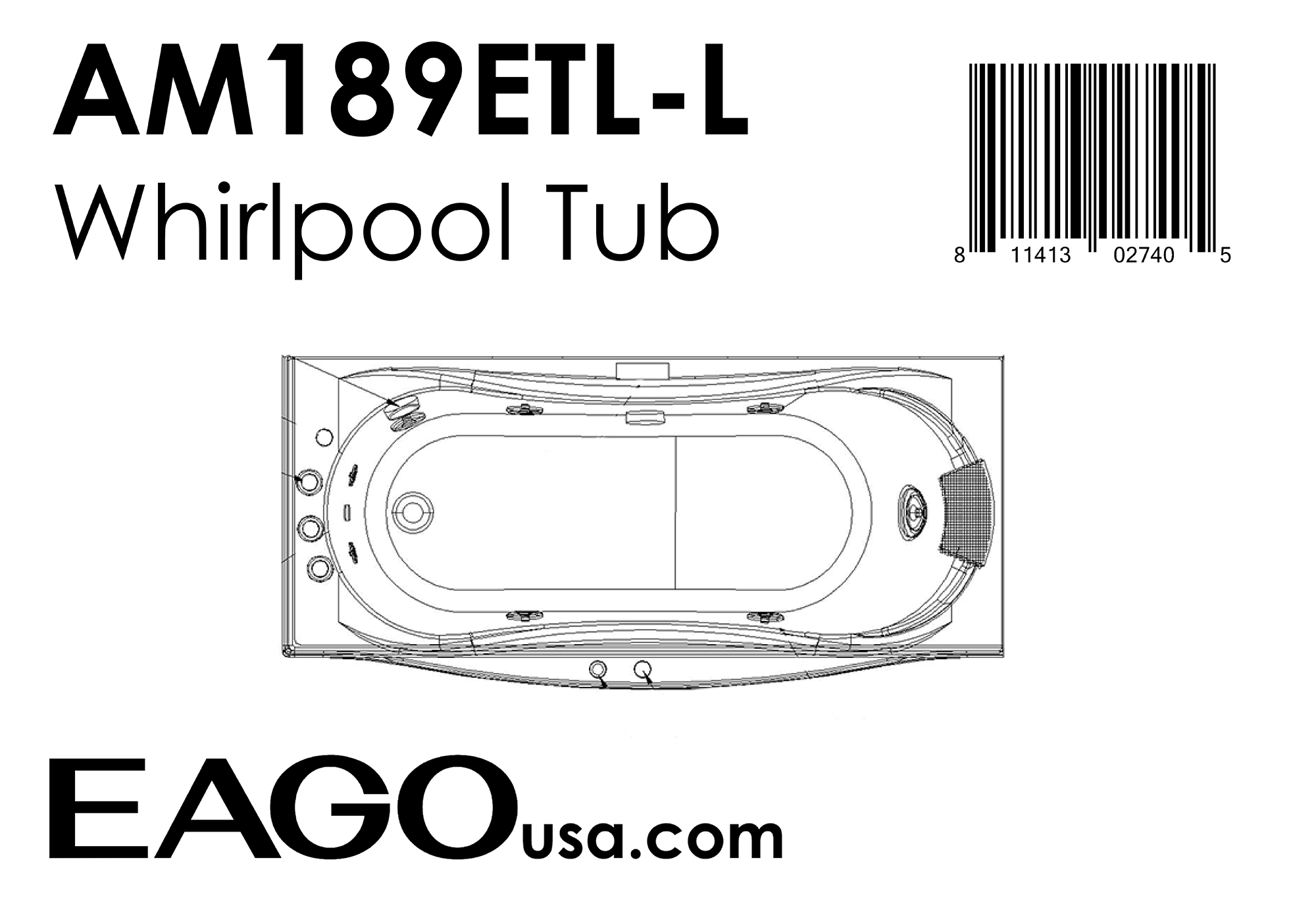 EAGO - 6 ft Left Drain Acrylic White Whirlpool Bathtub w Fixtures | AM189ETL-L EAGO - 6 ft Left Drain Acrylic White Whirlpool Bathtub w Fixtures | AM189ETL-L