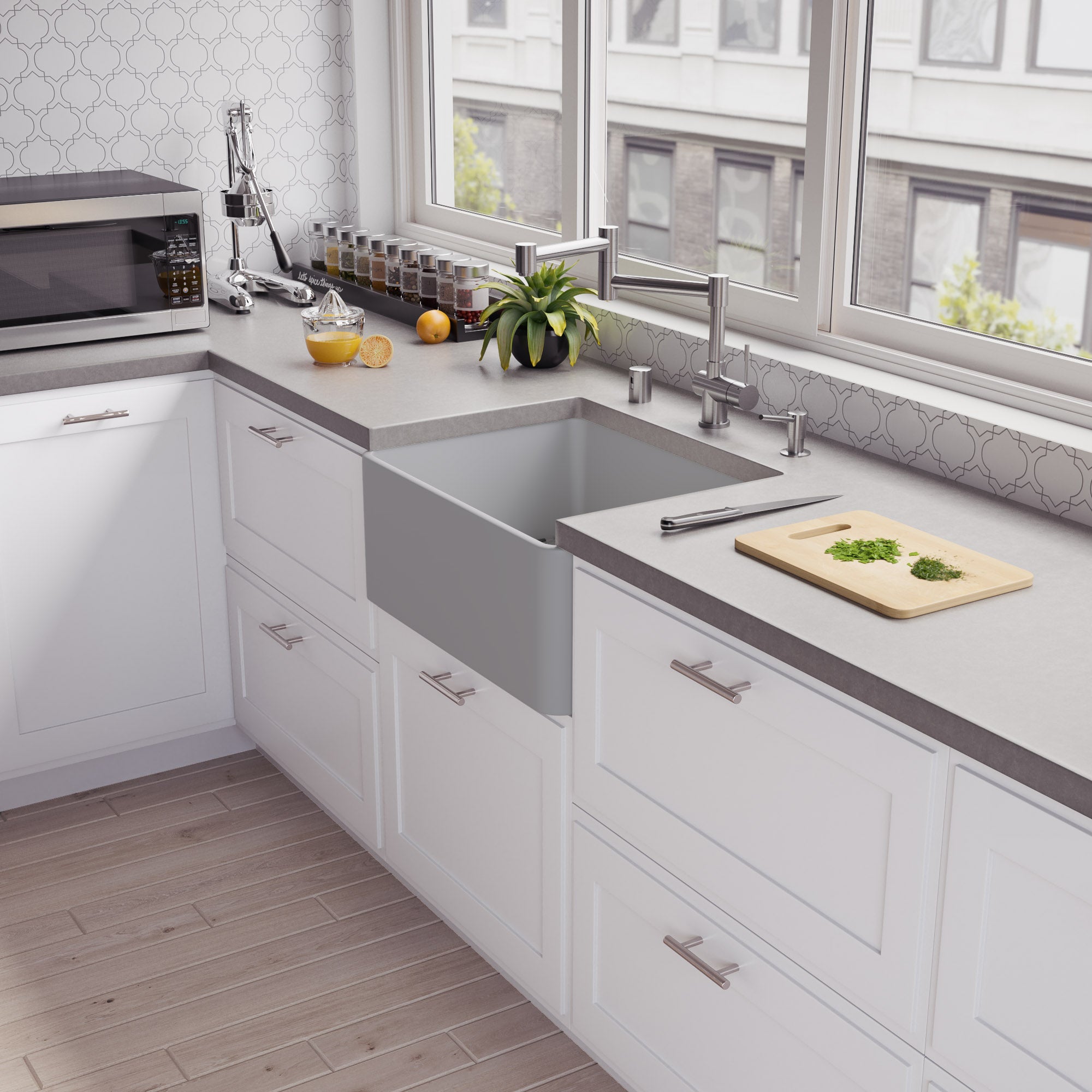 ALFI Brand - Gray Matte Smooth Apron 24" x 18" Single Bowl Fireclay Farm Sink | ABF2418-GM ALFI Brand - Gray Matte Smooth Apron 24" x 18" Single Bowl Fireclay Farm Sink | ABF2418-GM