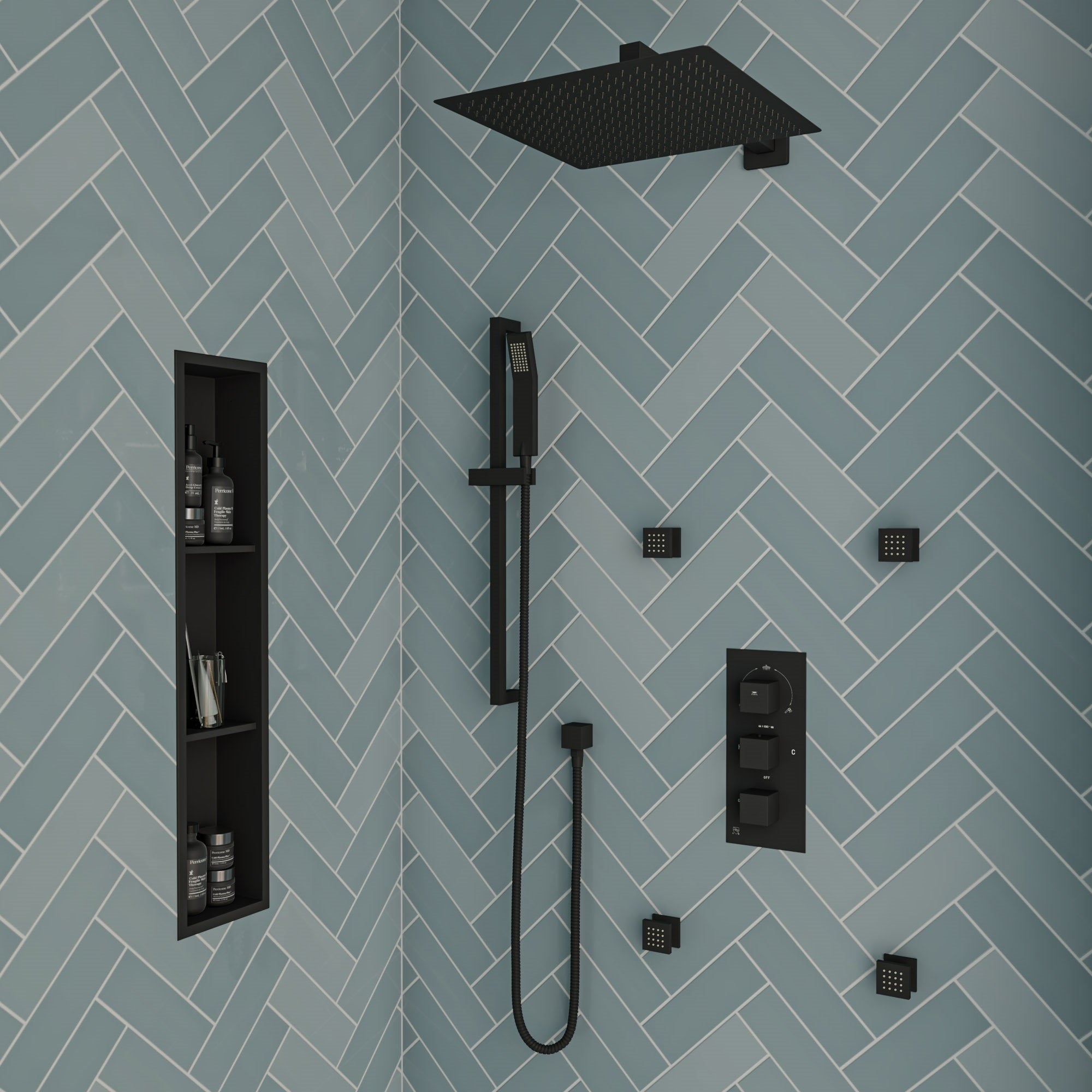 ALFI Brand - 8" x 36" Black Matte Stainless Steel Vertical Triple Shelf Bath Shower Niche | ABNC0836-BLA ALFI Brand - 8" x 36" Black Matte Stainless Steel Vertical Triple Shelf Bath Shower Niche | ABNC0836-BLA