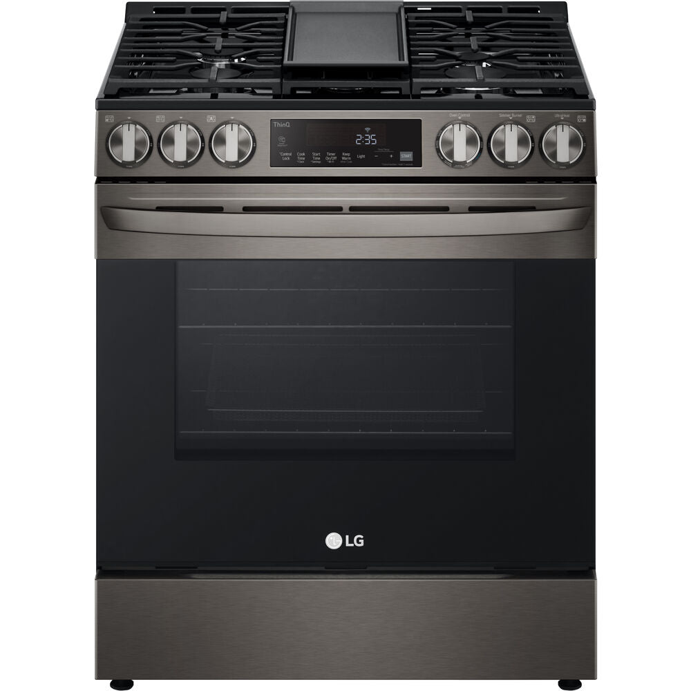 LG 5.8 CF Gas Single Oven Slide-In Range, Air Fry, Fan Convection, ThinQ - Black Stainless LSGL5833D LG 5.8 CF Gas Single Oven Slide-In Range, Air Fry, Fan Convection, ThinQ - Black Stainless LSGL5833D