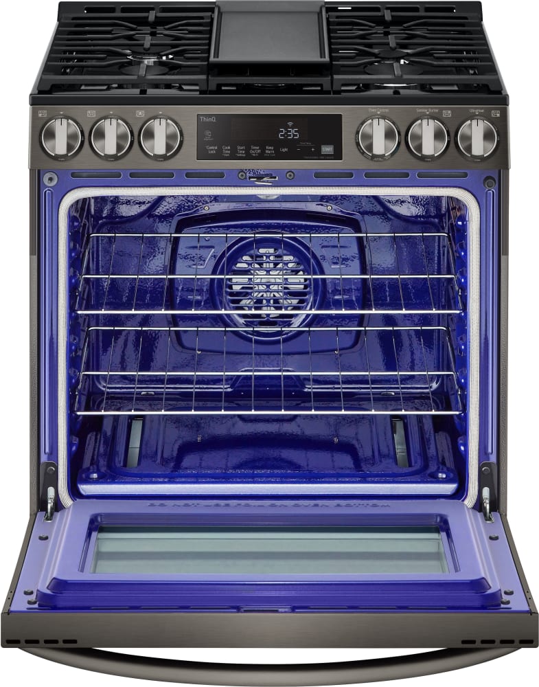 LG 5.8 CF Gas Single Oven Slide-In Range, Air Fry, Fan Convection, ThinQ - Black Stainless LSGL5833D LG 5.8 CF Gas Single Oven Slide-In Range, Air Fry, Fan Convection, ThinQ - Black Stainless LSGL5833D