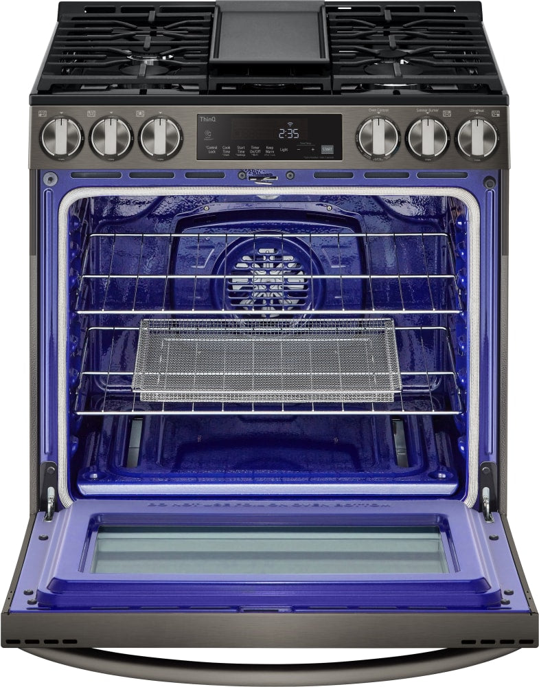 LG 5.8 CF Gas Single Oven Slide-In Range, Air Fry, Fan Convection, ThinQ - Black Stainless LSGL5833D LG 5.8 CF Gas Single Oven Slide-In Range, Air Fry, Fan Convection, ThinQ - Black Stainless LSGL5833D