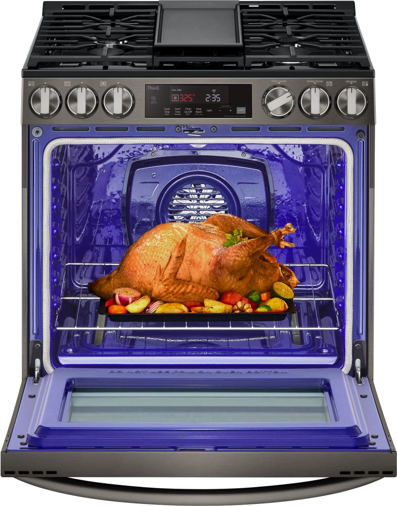 LG 5.8 CF Gas Single Oven Slide-In Range, Air Fry, Fan Convection, ThinQ - Black Stainless LSGL5833D LG 5.8 CF Gas Single Oven Slide-In Range, Air Fry, Fan Convection, ThinQ - Black Stainless LSGL5833D