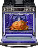 LG 5.8 CF Gas Single Oven Slide-In Range, Air Fry, Fan Convection, ThinQ - Black Stainless LSGL5833D LG 5.8 CF Gas Single Oven Slide-In Range, Air Fry, Fan Convection, ThinQ - Black Stainless LSGL5833D