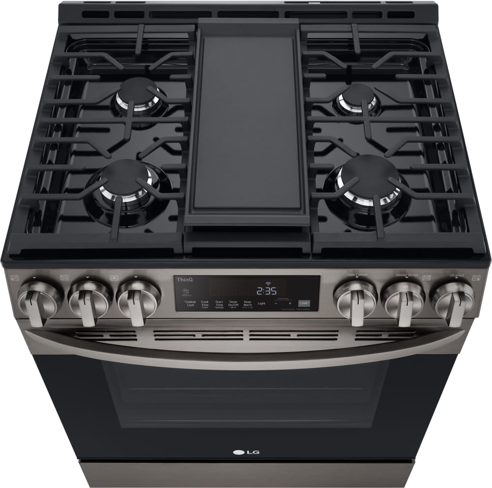 LG 5.8 CF Gas Single Oven Slide-In Range, Air Fry, Fan Convection, ThinQ - Black Stainless LSGL5833D LG 5.8 CF Gas Single Oven Slide-In Range, Air Fry, Fan Convection, ThinQ - Black Stainless LSGL5833D