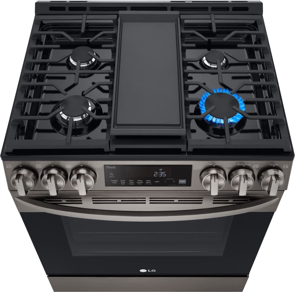 LG 5.8 CF Gas Single Oven Slide-In Range, Air Fry, Fan Convection, ThinQ - Black Stainless LSGL5833D LG 5.8 CF Gas Single Oven Slide-In Range, Air Fry, Fan Convection, ThinQ - Black Stainless LSGL5833D