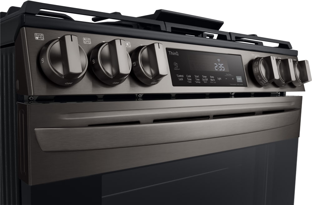 LG 5.8 CF Gas Single Oven Slide-In Range, Air Fry, Fan Convection, ThinQ - Black Stainless LSGL5833D LG 5.8 CF Gas Single Oven Slide-In Range, Air Fry, Fan Convection, ThinQ - Black Stainless LSGL5833D