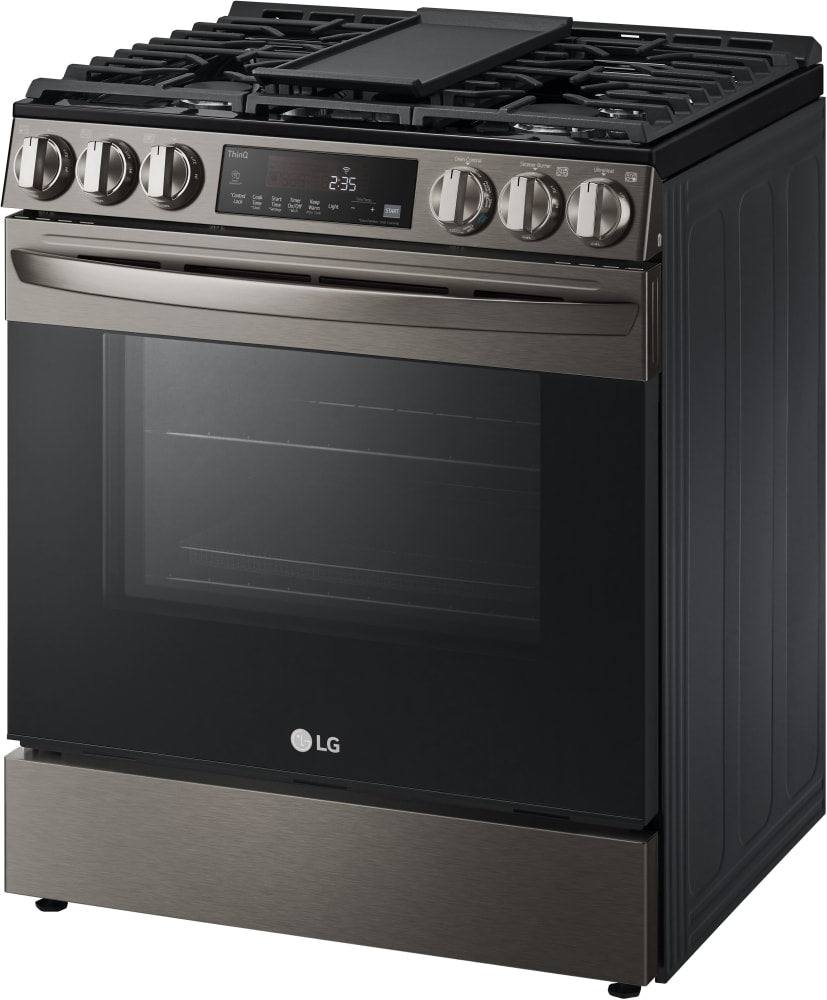 LG 5.8 CF Gas Single Oven Slide-In Range, Air Fry, Fan Convection, ThinQ - Black Stainless LSGL5833D LG 5.8 CF Gas Single Oven Slide-In Range, Air Fry, Fan Convection, ThinQ - Black Stainless LSGL5833D