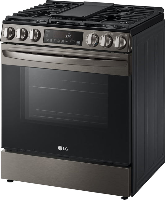 LG 5.8 CF Gas Single Oven Slide-In Range, Air Fry, Fan Convection, ThinQ - Black Stainless LSGL5833D