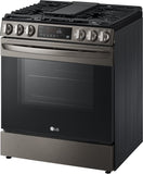 LG 5.8 CF Gas Single Oven Slide-In Range, Air Fry, Fan Convection, ThinQ - Black Stainless LSGL5833D LG 5.8 CF Gas Single Oven Slide-In Range, Air Fry, Fan Convection, ThinQ - Black Stainless LSGL5833D