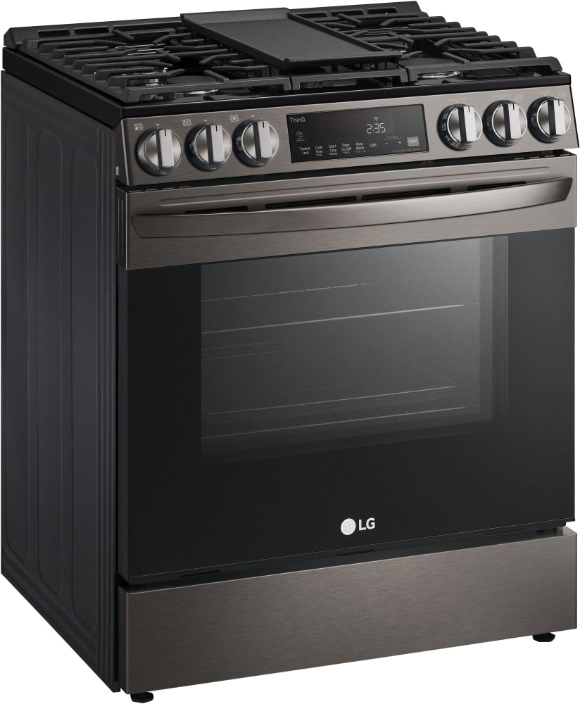 LG 5.8 CF Gas Single Oven Slide-In Range, Air Fry, Fan Convection, ThinQ - Black Stainless LSGL5833D LG 5.8 CF Gas Single Oven Slide-In Range, Air Fry, Fan Convection, ThinQ - Black Stainless LSGL5833D