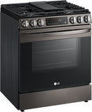 LG 5.8 CF Gas Single Oven Slide-In Range, Air Fry, Fan Convection, ThinQ - Black Stainless LSGL5833D LG 5.8 CF Gas Single Oven Slide-In Range, Air Fry, Fan Convection, ThinQ - Black Stainless LSGL5833D