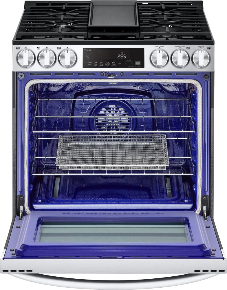 LG 5.8 CF Gas Single Oven Slide-In Range, Air Fry, Fan Convection, ThinQ - Stainless LSGL5833F LG 5.8 CF Gas Single Oven Slide-In Range, Air Fry, Fan Convection, ThinQ - Stainless LSGL5833F