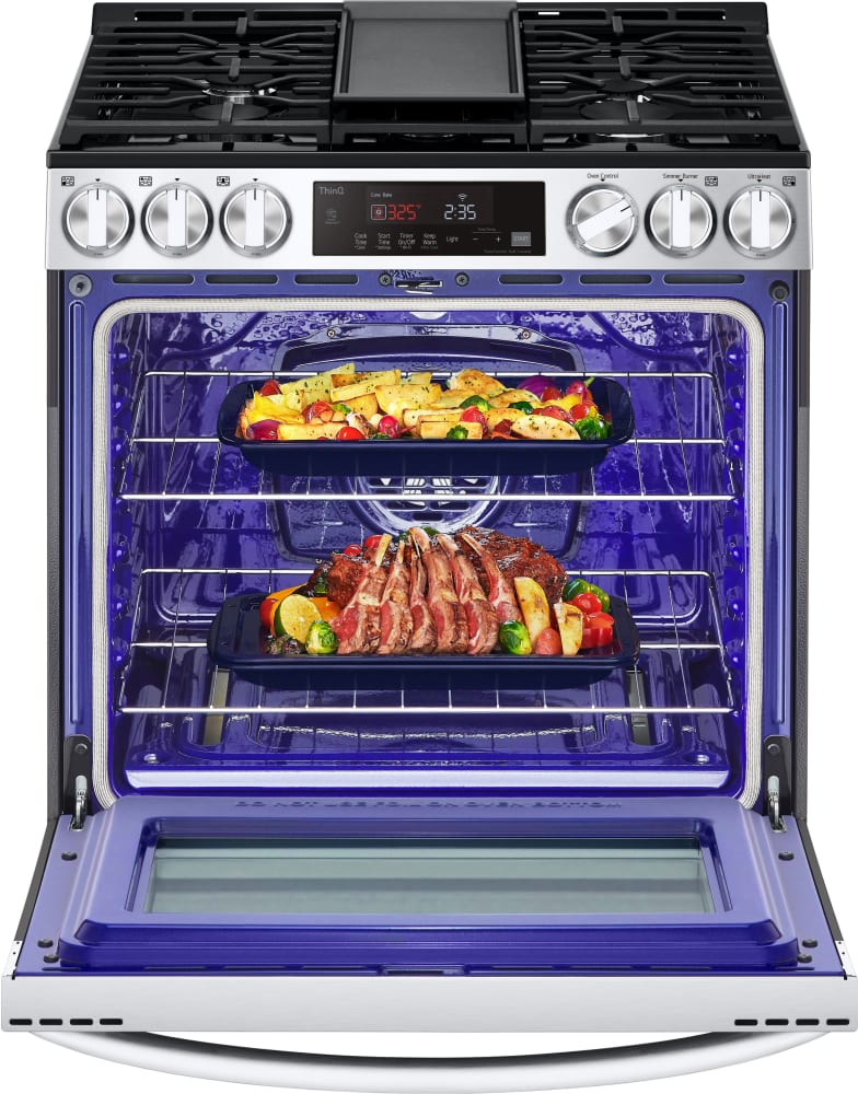 LG 5.8 CF Gas Single Oven Slide-In Range, Air Fry, Fan Convection, ThinQ - Stainless LSGL5833F LG 5.8 CF Gas Single Oven Slide-In Range, Air Fry, Fan Convection, ThinQ - Stainless LSGL5833F