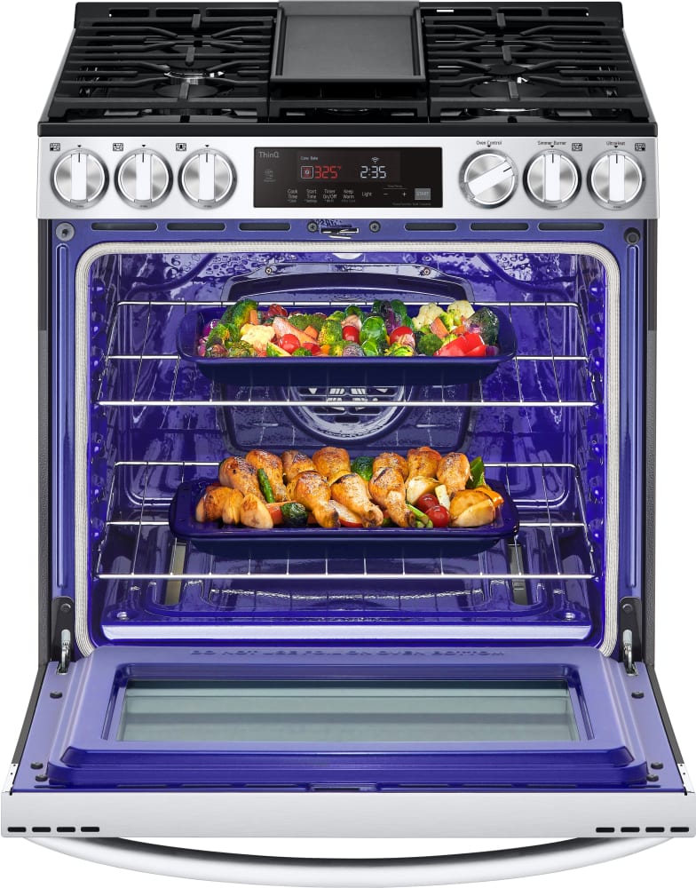 LG 5.8 CF Gas Single Oven Slide-In Range, Air Fry, Fan Convection, ThinQ - Stainless LSGL5833F LG 5.8 CF Gas Single Oven Slide-In Range, Air Fry, Fan Convection, ThinQ - Stainless LSGL5833F