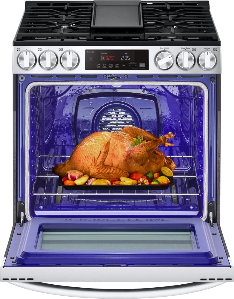 LG 5.8 CF Gas Single Oven Slide-In Range, Air Fry, Fan Convection, ThinQ - Stainless LSGL5833F LG 5.8 CF Gas Single Oven Slide-In Range, Air Fry, Fan Convection, ThinQ - Stainless LSGL5833F
