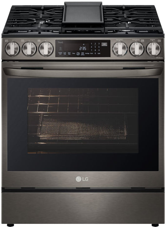 LG 6.3 CF Gas Single Oven Slide-In Range, Instaview, Air Fry, ProBake, ThinQ - Black Stainless LSGL6335D