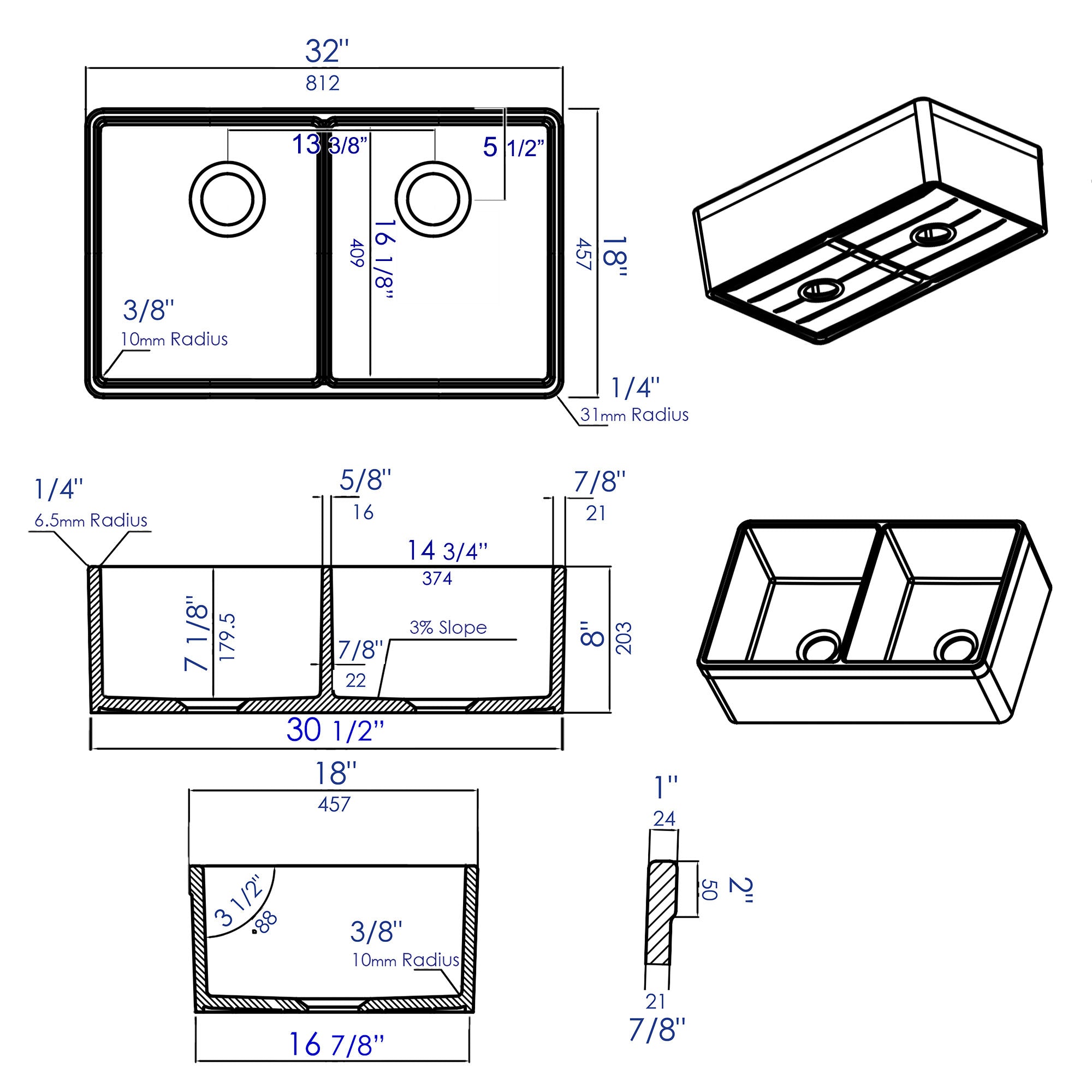 ALFI Brand - Biscuit 32" Double Bowl Lip Apron Fireclay Farmhouse Kitchen Sink with 1 3/4" Lip | AB512-B ALFI Brand - Biscuit 32" Double Bowl Lip Apron Fireclay Farmhouse Kitchen Sink with 1 3/4" Lip | AB512-B