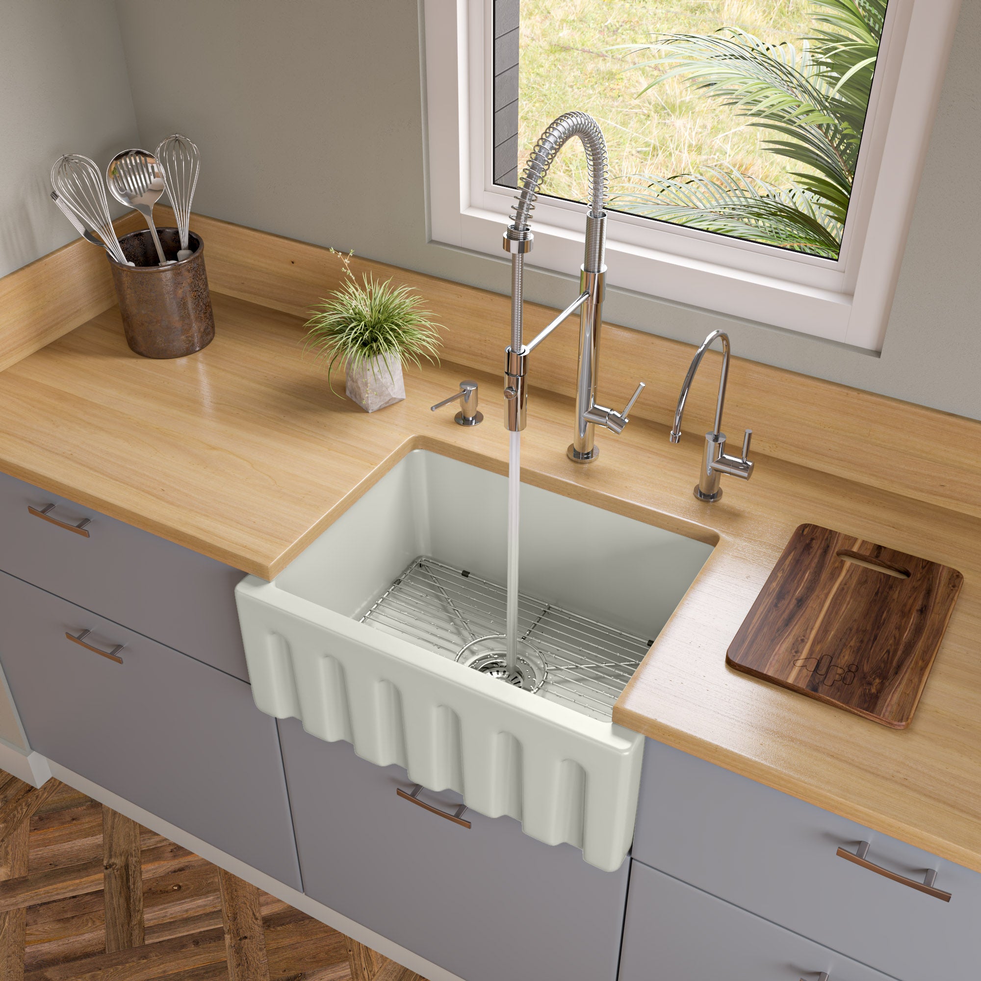 ALFI Brand - 24 inch Biscuit Reversible Smooth / Fluted Single Bowl Fireclay Farm Sink | AB2418HS-B ALFI Brand - 24 inch Biscuit Reversible Smooth / Fluted Single Bowl Fireclay Farm Sink | AB2418HS-B