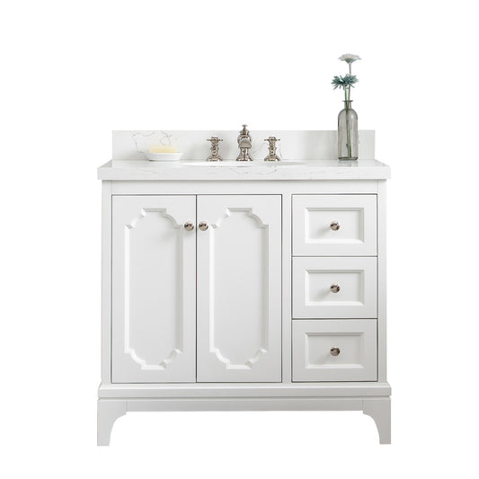 Water Creation | Queen 36-Inch Single Sink Quartz Carrara Vanity In Pure White With F2-0013-05-FX Lavatory Faucet(s) | QU36QZ05PW-000FX1305