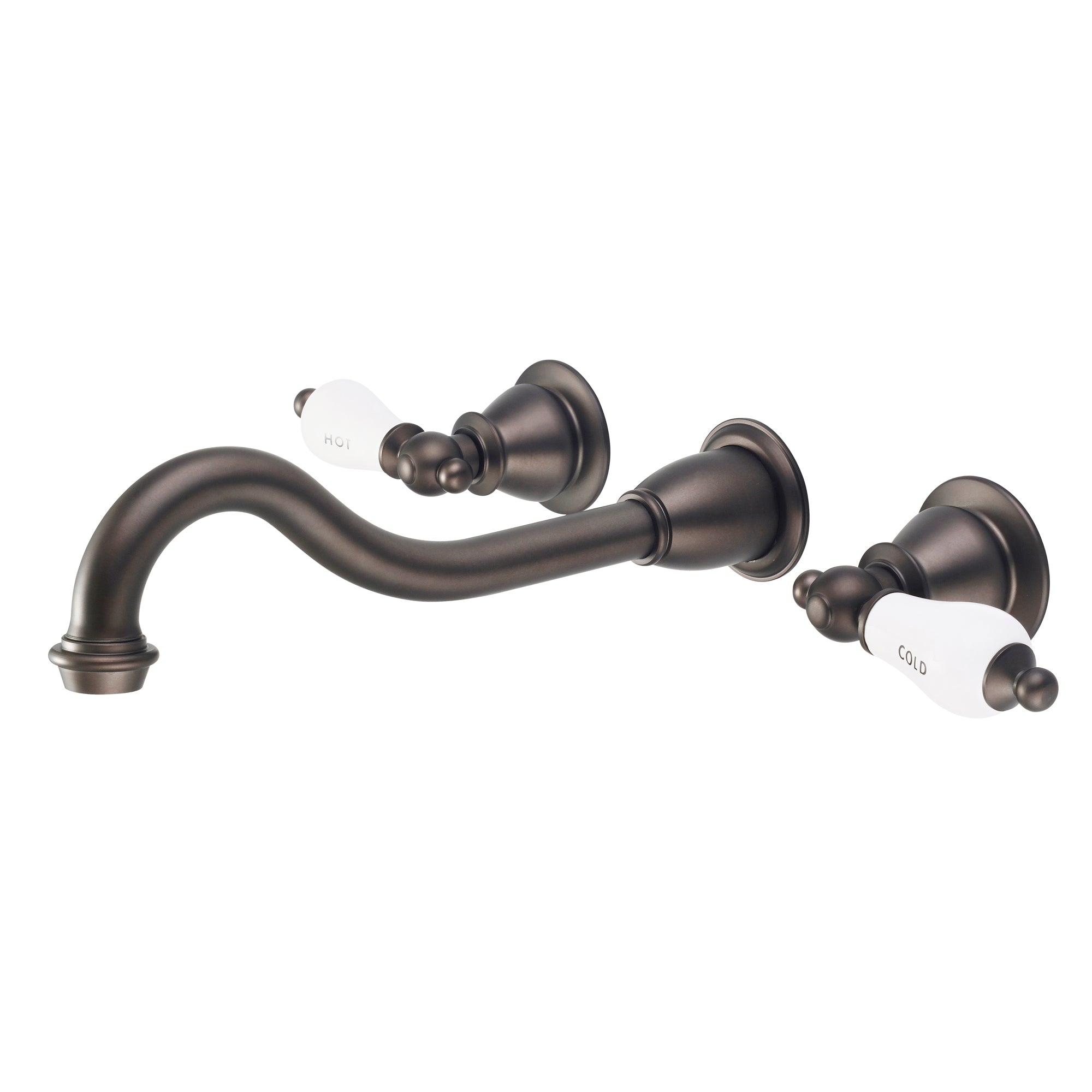 Water Creation | Elegant Spout Wall Mount Vessel/Lavatory Faucets in Oil-rubbed Bronze Finish Finish With Porcelain Lever Handles, Hot And Cold Labels Included | F4-0001-03-CL Water Creation | Elegant Spout Wall Mount Vessel/Lavatory Faucets in Oil-rubbed Bronze Finish Finish With Porcelain Lever Handles, Hot And Cold Labels Included | F4-0001-03-CL