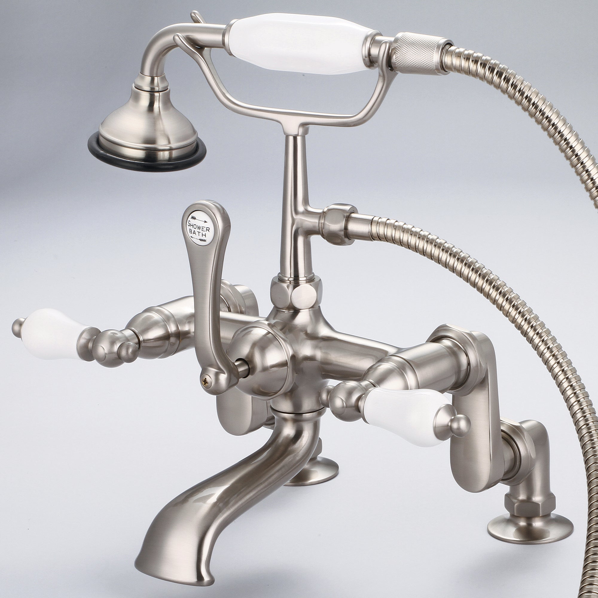 Water Creation | Vintage Classic Adjustable Center Deck Mount Tub Faucet With Handheld Shower in Brushed Nickel Finish With Porcelain Lever Handles Without labels | F6-0008-02-PL Water Creation | Vintage Classic Adjustable Center Deck Mount Tub Faucet With Handheld Shower in Brushed Nickel Finish With Porcelain Lever Handles Without labels | F6-0008-02-PL