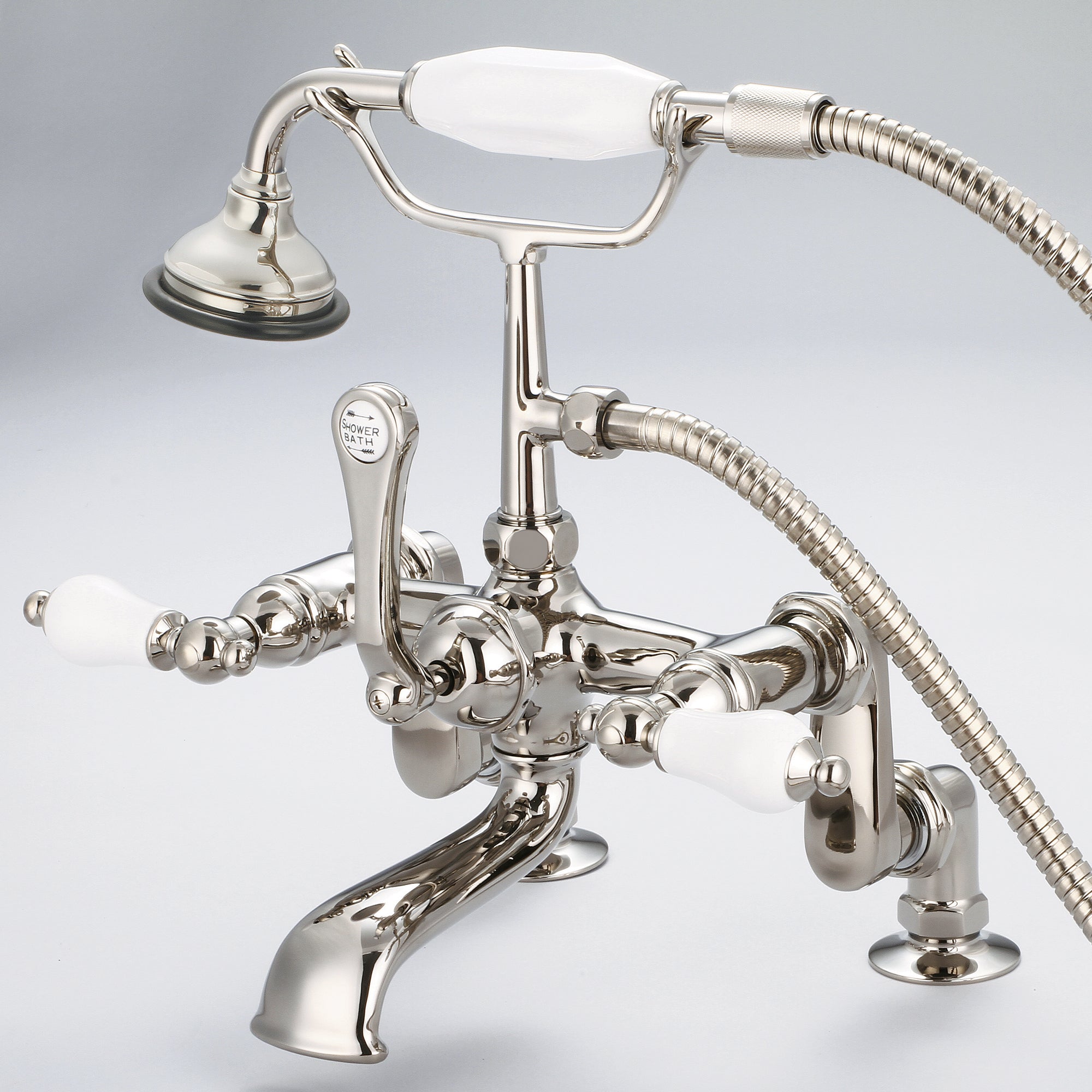 Water Creation | Vintage Classic Adjustable Center Deck Mount Tub Faucet With Handheld Shower in Polished Nickel (PVD) Finish With Porcelain Lever Handles Without labels | F6-0008-05-PL Water Creation | Vintage Classic Adjustable Center Deck Mount Tub Faucet With Handheld Shower in Polished Nickel (PVD) Finish With Porcelain Lever Handles Without labels | F6-0008-05-PL