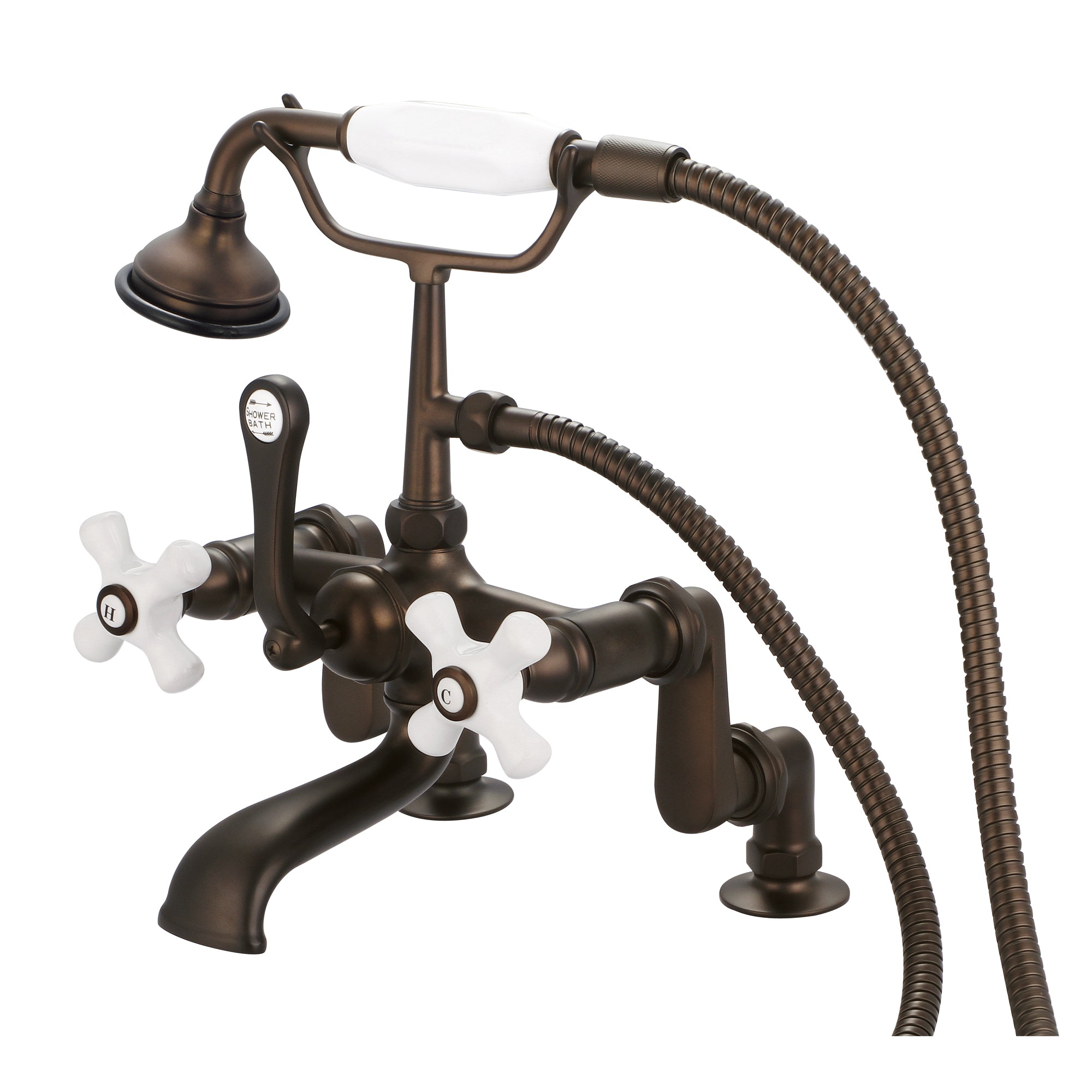 Water Creation | Vintage Classic Adjustable Center Deck Mount Tub Faucet With Handheld Shower in Oil-rubbed Bronze Finish Finish With Porcelain Cross Handles, Hot And Cold Labels Included | F6-0008-03-PX Water Creation | Vintage Classic Adjustable Center Deck Mount Tub Faucet With Handheld Shower in Oil-rubbed Bronze Finish Finish With Porcelain Cross Handles, Hot And Cold Labels Included | F6-0008-03-PX