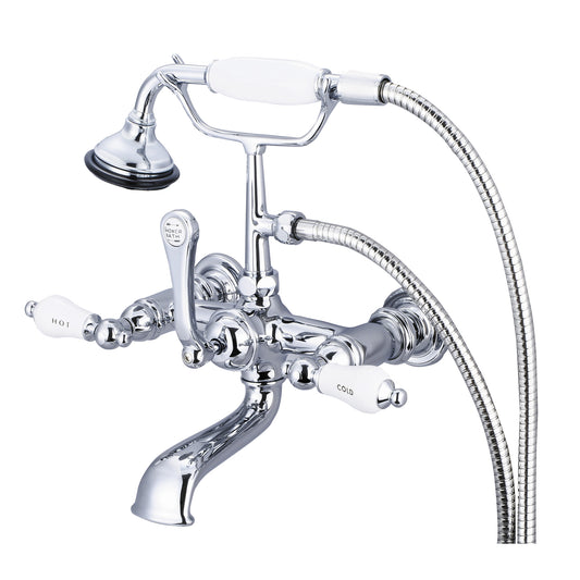 Water Creation | Vintage Classic 7 Inch Spread Wall Mount Tub Faucet With Straight Wall Connector & Handheld Shower in Chrome Finish With Porcelain Lever Handles, Hot And Cold Labels Included | F6-0010-01-CL