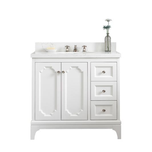 Water Creation | Queen 36-Inch Single Sink Quartz Carrara Vanity In Pure White With F2-0009-05-BX Lavatory Faucet(s) | QU36QZ05PW-000BX0905