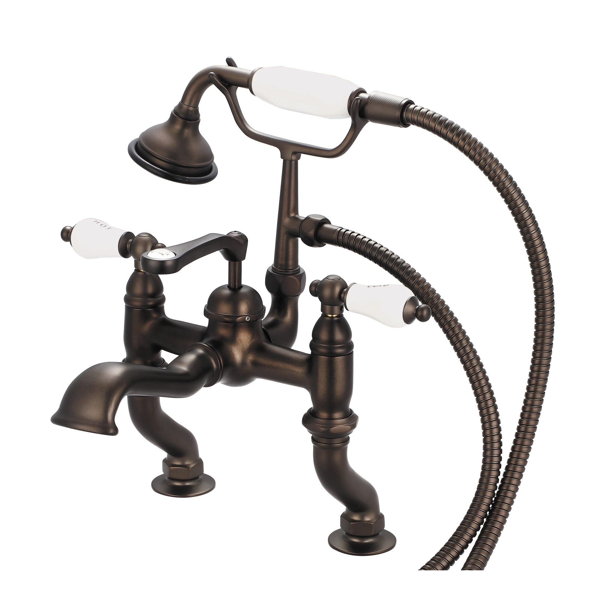 Water Creation | Vintage Classic Adjustable Center Deck Mount Tub Faucet With Handheld Shower in Oil-rubbed Bronze Finish Finish With Porcelain Lever Handles, Hot And Cold Labels Included | F6-0004-03-CL Water Creation | Vintage Classic Adjustable Center Deck Mount Tub Faucet With Handheld Shower in Oil-rubbed Bronze Finish Finish With Porcelain Lever Handles, Hot And Cold Labels Included | F6-0004-03-CL