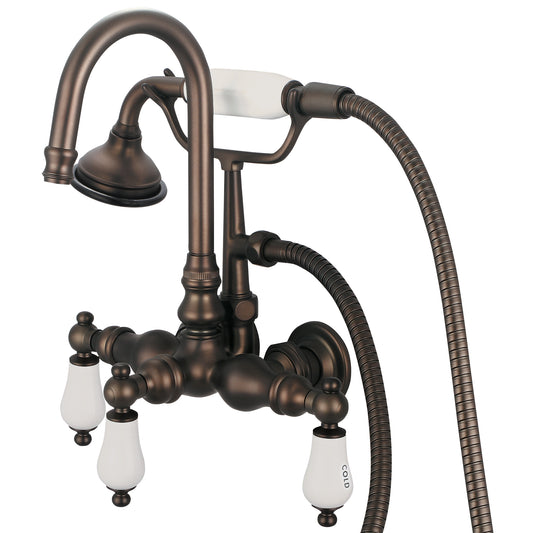Water Creation | Vintage Classic 3.375 Inch Center Wall Mount Tub Faucet With Gooseneck Spout, Straight Wall Connector & Handheld Shower in Oil-rubbed Bronze Finish Finish With Porcelain Lever Handles, Hot And Cold Labels Included | F6-0012-03-CL