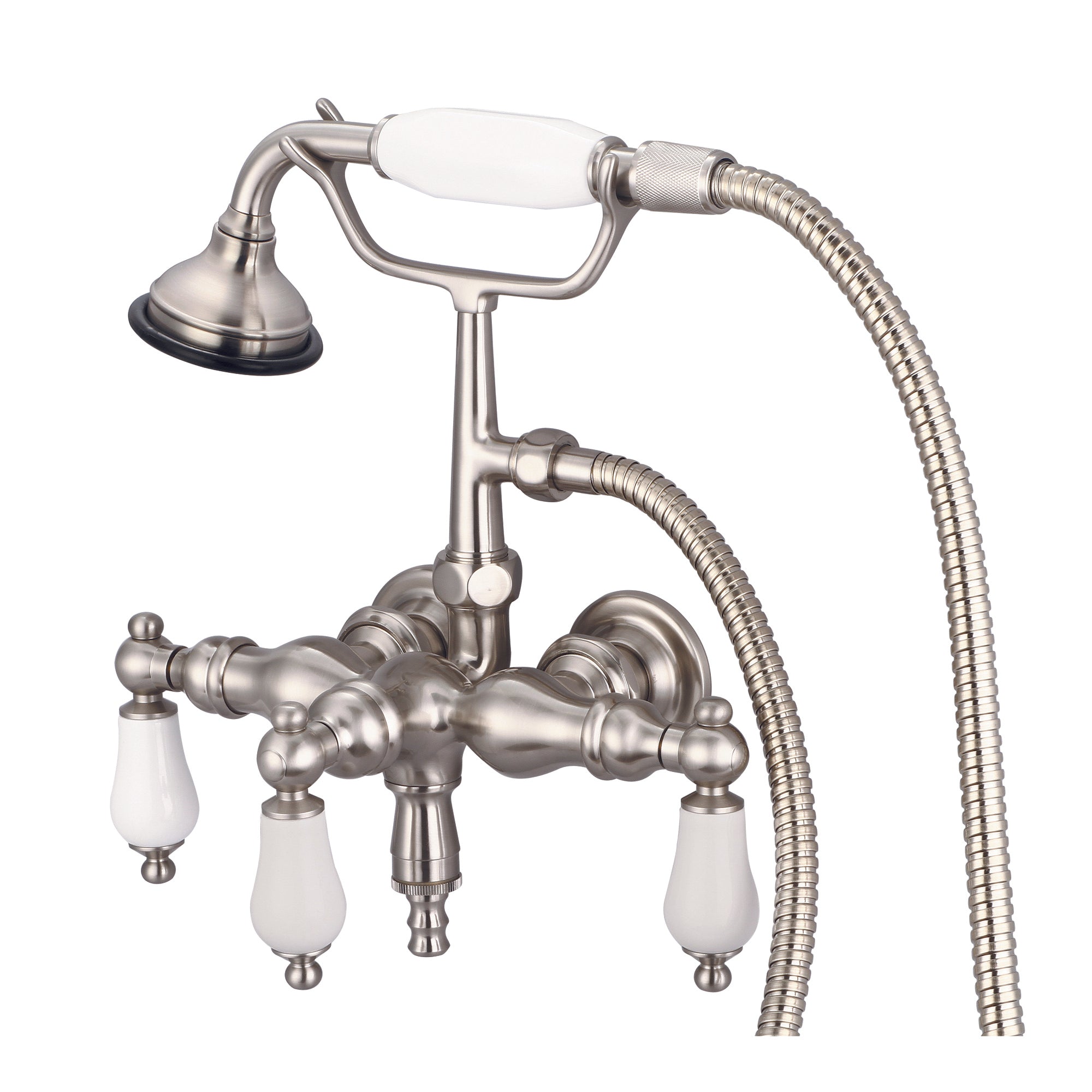 Water Creation | Vintage Classic 3.375 Inch Center Wall Mount Tub Faucet With Down Spout, Straight Wall Connector & Handheld Shower in Brushed Nickel Finish With Porcelain Lever Handles Without labels | F6-0017-02-PL Water Creation | Vintage Classic 3.375 Inch Center Wall Mount Tub Faucet With Down Spout, Straight Wall Connector & Handheld Shower in Brushed Nickel Finish With Porcelain Lever Handles Without labels | F6-0017-02-PL