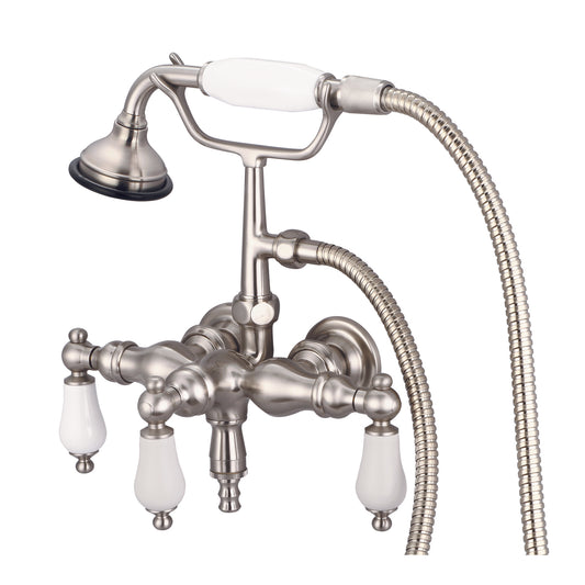 Water Creation | Vintage Classic 3.375 Inch Center Wall Mount Tub Faucet With Down Spout, Straight Wall Connector & Handheld Shower in Brushed Nickel Finish With Porcelain Lever Handles Without labels | F6-0017-02-PL